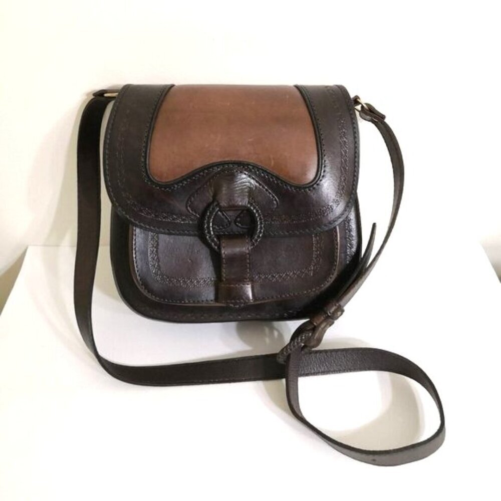 Anna Cainzo Culturas Del Sol Tooled Leather Crossbody Saddle‎ Bag Brown